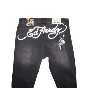 Ed‎ Hardy Jeans Mens 32x30 Skinny Black Denim Embroidered Skull Knife SPELL-OUT